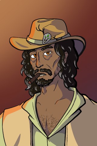 Illustration of a hispanic cowboy smoking a cigar and looking at the camera.